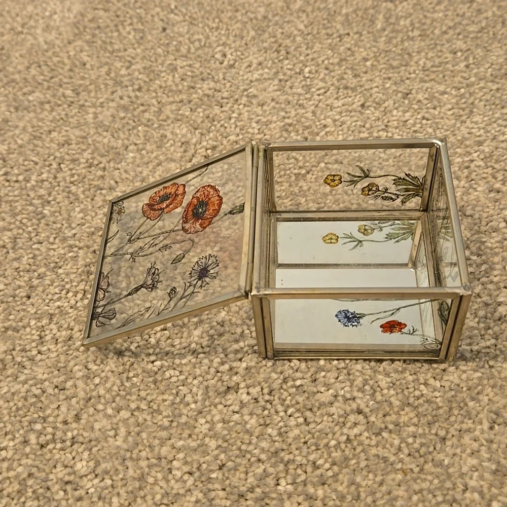 Vintage 1980s DML Stained Glass Mirror Trinket Box Flower Hand Design - Picture 2 of 4
